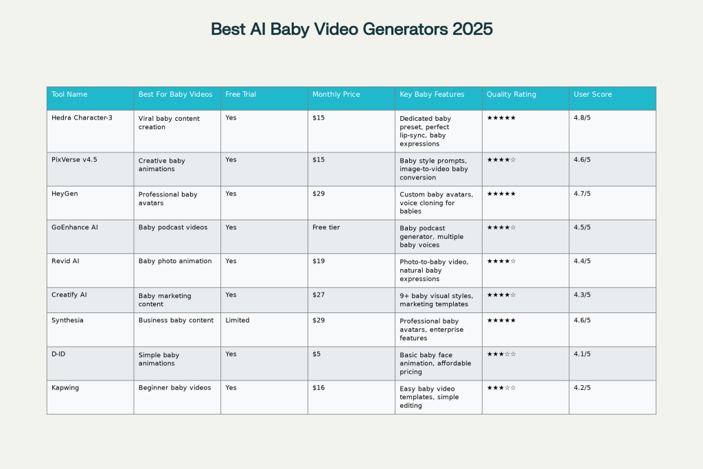 Comprehensive comparison of the best AI baby video generators in 2025, showing pricing, baby-specific features, and ratings to help you choose the right tool for making AI baby videos