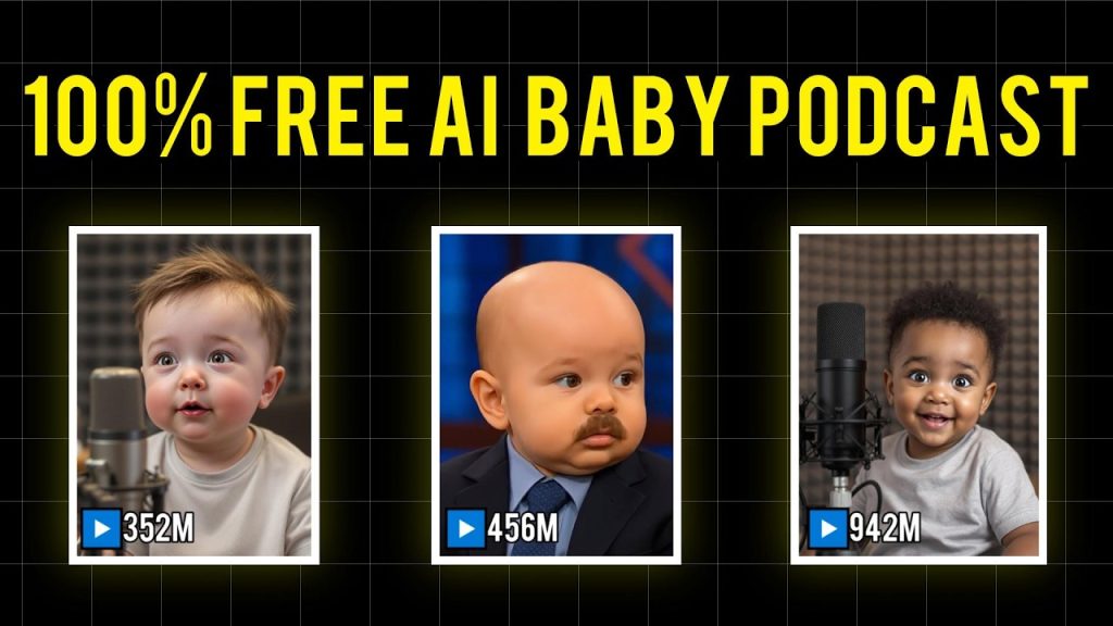 Three AI baby podcast thumbnails with view counts emphasizing 100% free AI baby podcast content.