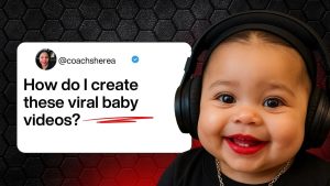 Tweet asking how to create viral baby videos alongside a smiling baby in headphones