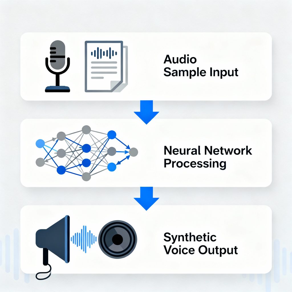 AI voice cloning workflow diagram: audio sample input → neural network training → synthetic voice output